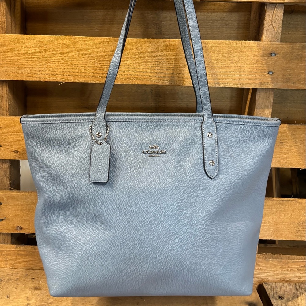 Coach Light Blue Leather Tote with Polished Hardware